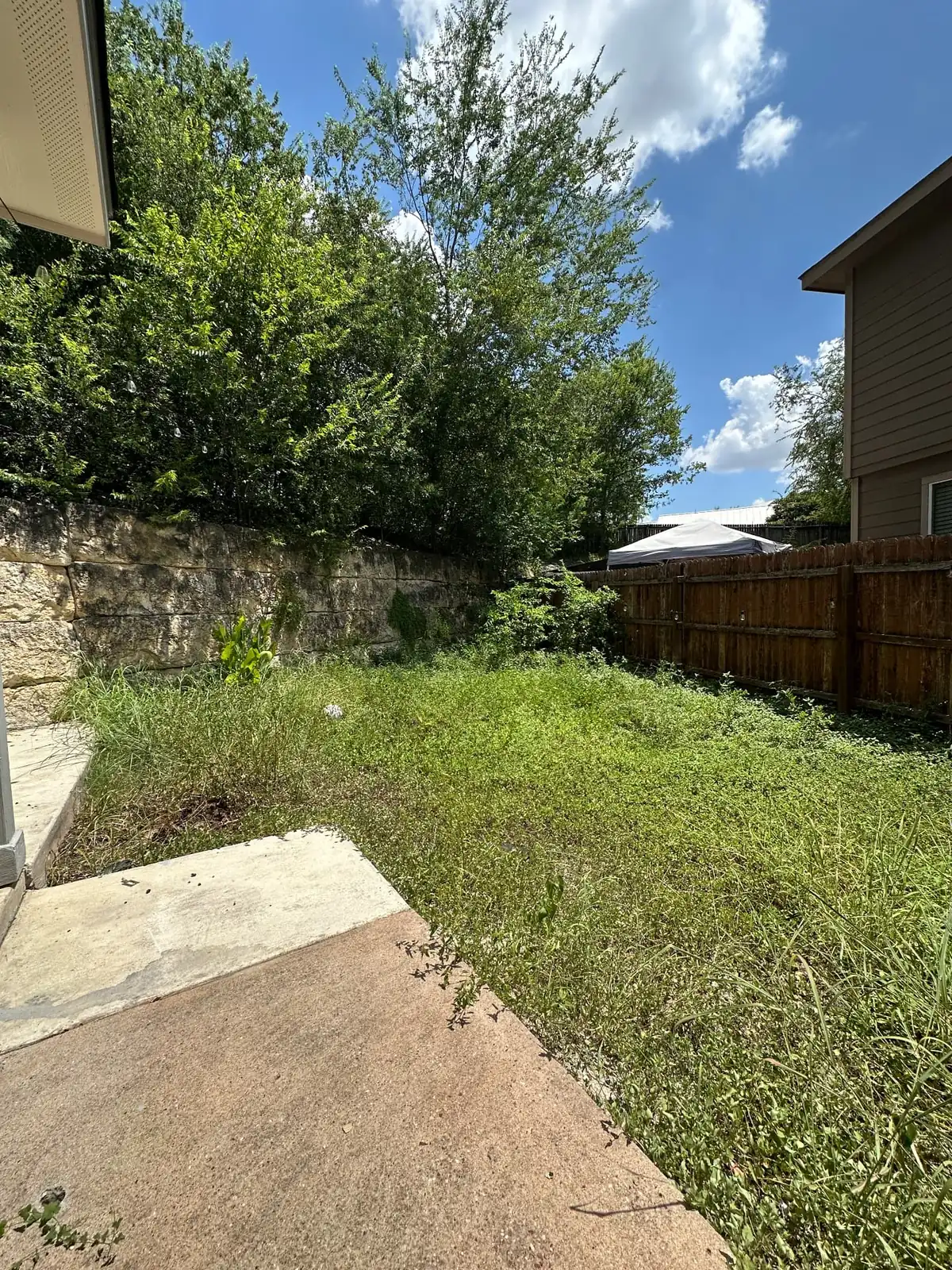 Residential backyard with overgrown grass and weeds along the retaining wall and fence before lawn maintenance service.
