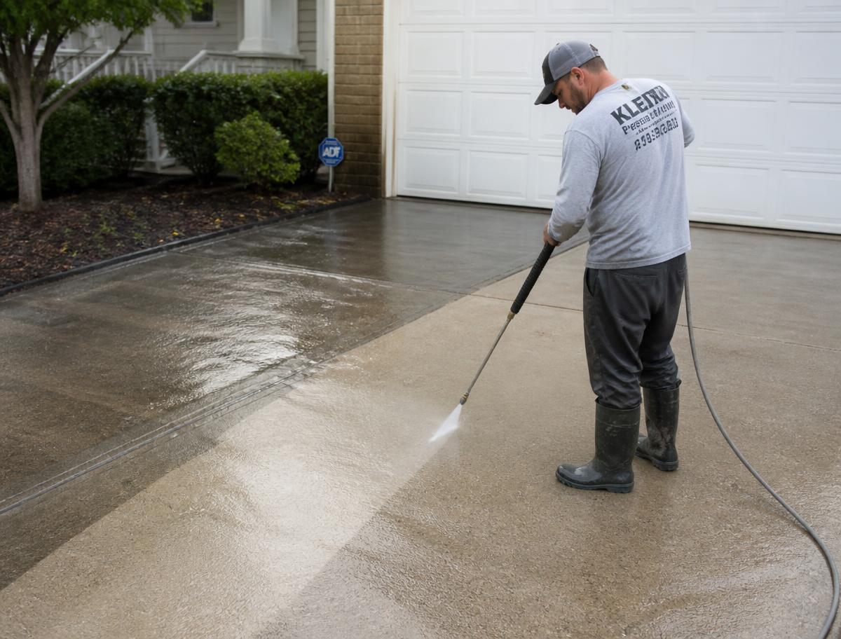 Technician pressure washing a residential concrete driveway